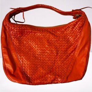 Orange Leather Woven Shoulder Bag